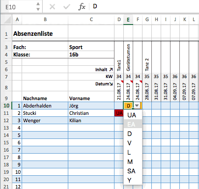 Absenzen Erfassung mit Excel